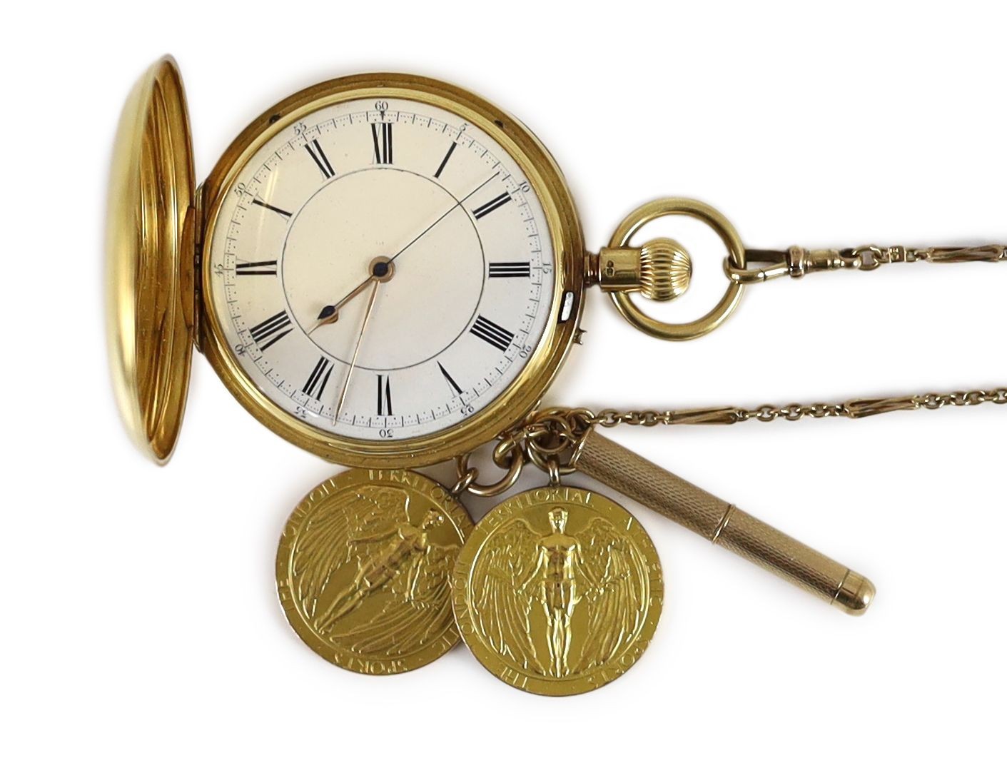 A Victorian 18ct gold keyless chronograph hunter pocket watch, by Boxelle, Kings Road, Brighton